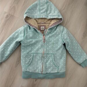 Baby Boden Mint Blue Polka Dot Fur Lined Zip Up Hooded Jacket *stained*